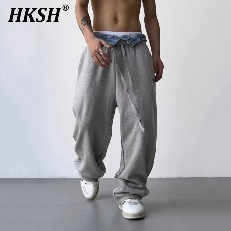 HKSH Spring Autumn Men's Tide Punk Patchwork Rugged Floor Length Spliced Denim Pants Wide Leg Straight Fashion Sweatpants HK2485