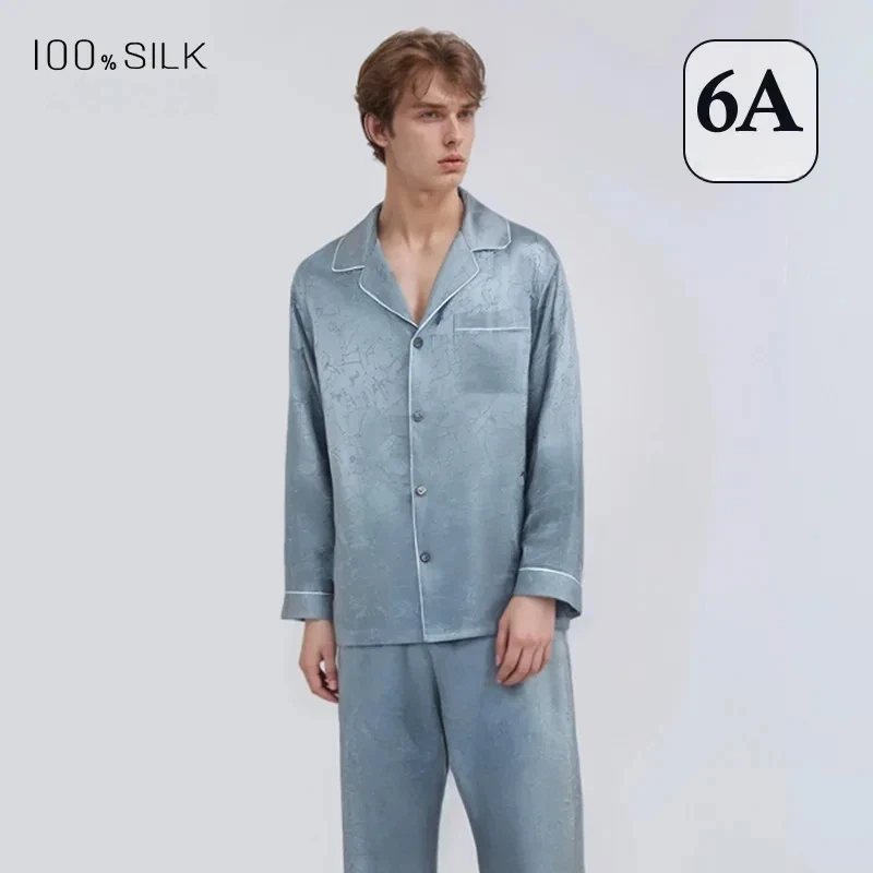Men's 100% Mulberry Silk Pajamas Set 19mm Heavyweight Long Sleeve All Season Loungewear Nightwear Plus Size