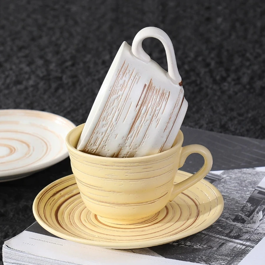 

Underglaze Painted Ceramic Coffee Cup Set For Office Afternoon Tea Cup And Saucer Set Stereoscopic Thread Design Milk Cups