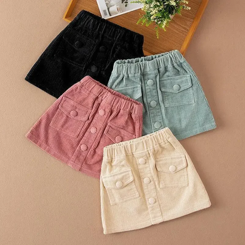 Girls Skirt Spring and Autumn 2024 New Girls Corduroy Korean Children Velvet Outer Wearing A-line Short Skirt