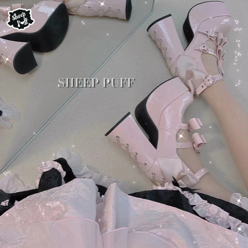 Lolita Bowknot Sweet Cool Hot Girl Mary Janes Shoes Ladies Elegant Leather High Heels Spring Summer Paltform Pump Shoes