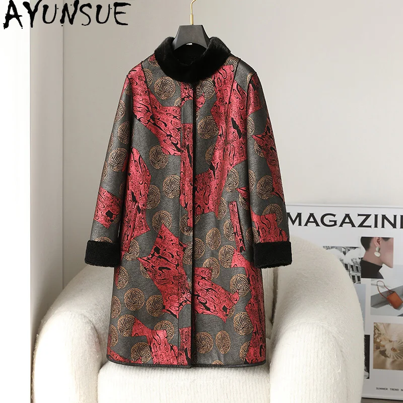 AYUNSUE 100% Wool Fur Coat Women Clothes Winter Jacket Warm Mink Fur Collar Mid-length Sheep Shearling Coats Woman 2025 Printed