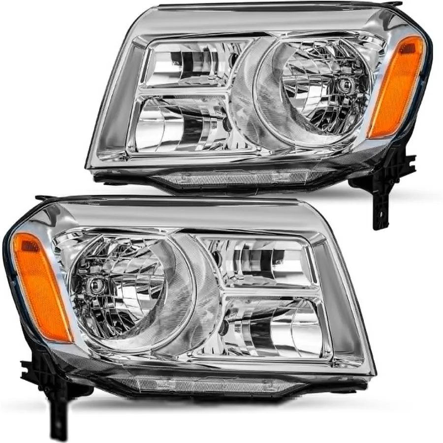 

Сменная пара OEM-фара в сборе для Honda Pilot 20122015 годов с хромированным корпусом галогенного типа и янтарным отражателем