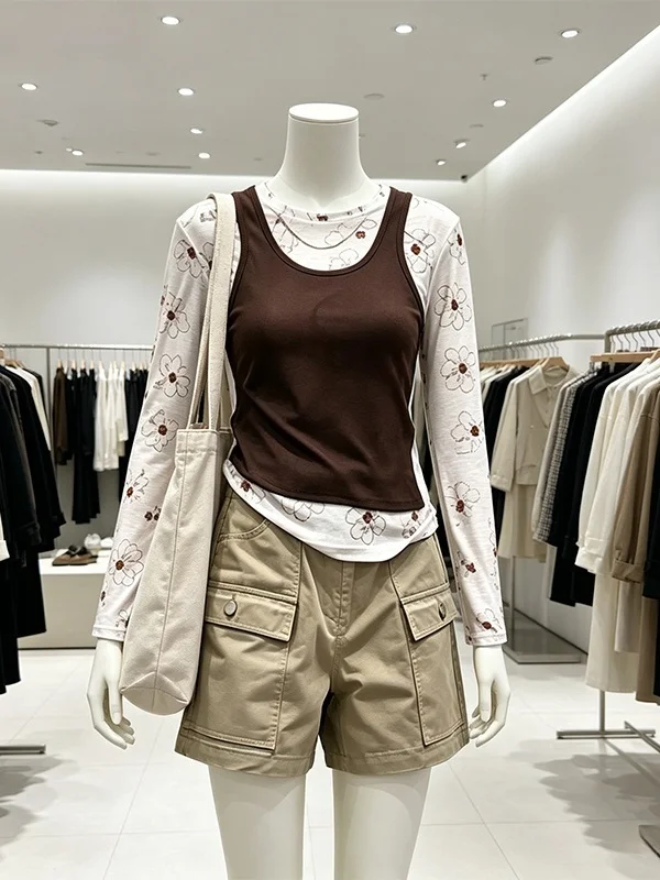 

Large Size Women's Summer New Print Top And Workwear Shorts Two-Piece Set High Waist Short Pants Commute Style Floral Pattern