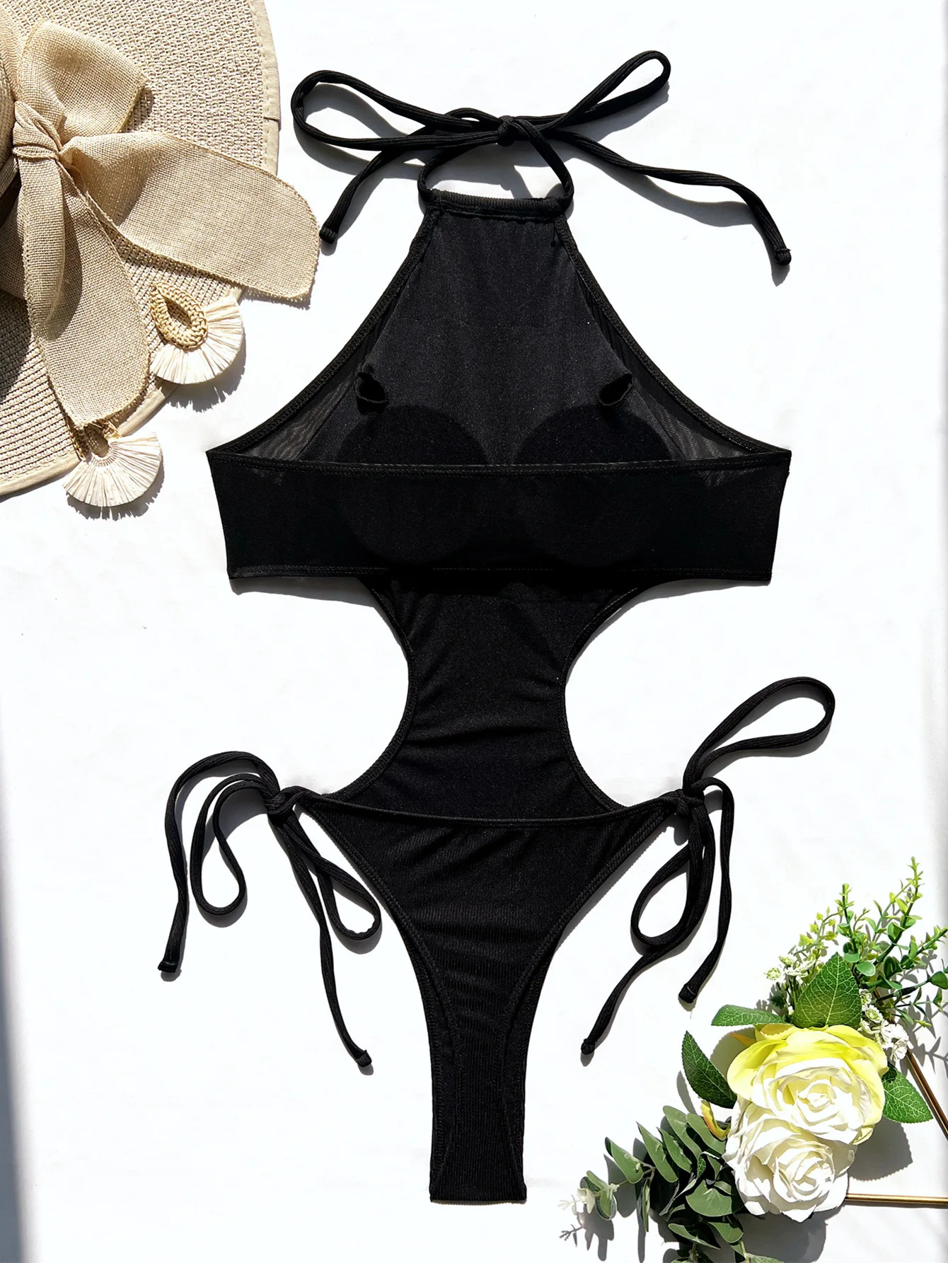 Women's Swimwear 2024 Women Bikini Black Solid Color Swimsuit Backless Sexy One-Piece Strap Hot Spring Swimwear S-L