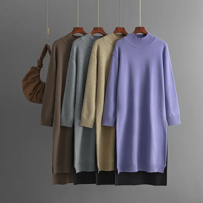 Women's Solid Color Casual Trendy Half High Collar Long Sleeve Knitted Mid Calf Length Dresses Autumn Winter New Fashion Clothes