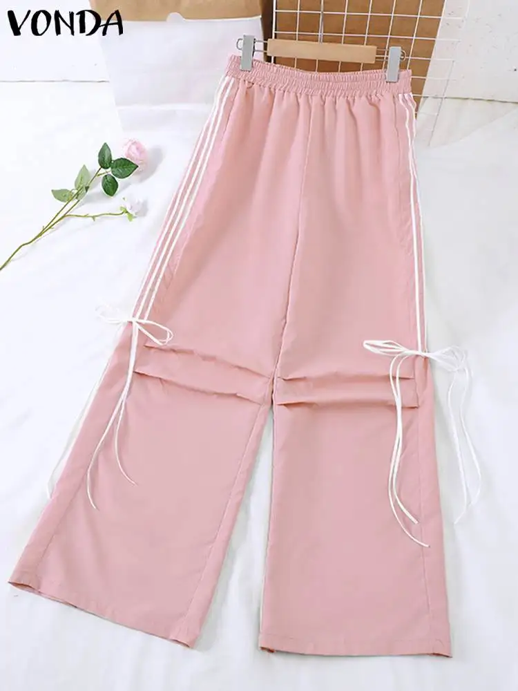 VONDA Women Pants 2024 Casual Long Wide Leg Trousers Korean Style Fashion Loose Elastic Waist Bowknot Pantalones Simple Pants