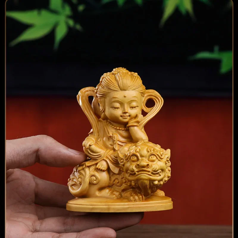 Artesanía de boj de madera maciza, Manshu, Puxian, Guanyin, Bodhisattva, tallado de Buda, piezas de mano, decoración del hogar, decoración de escritorio