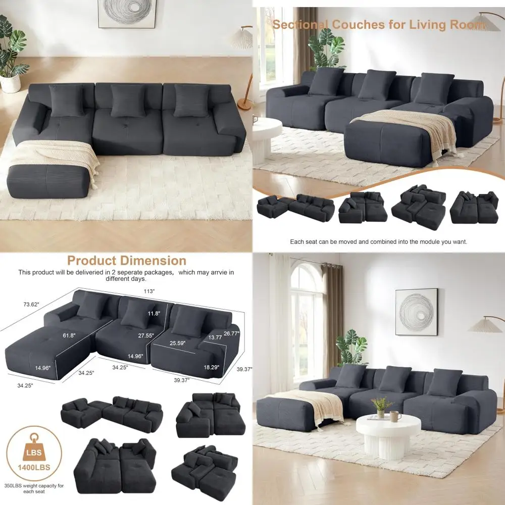 L-образный шезлонг, секционный диван с 4-местным сиденьем и подвижным пуфиком для удобного сидения в гостиной