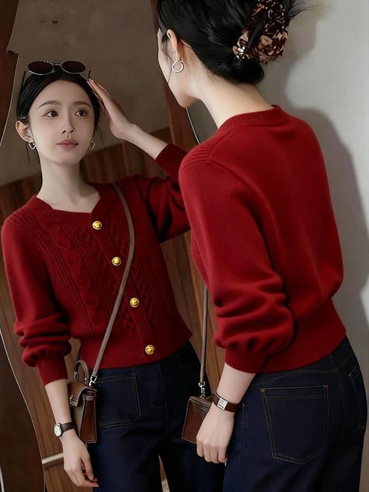 

Red Knitted Short Cardigan Women's Autumn Winter New Style Christmas New Year Single Button Sweater Casual Loose Fit V-Neck