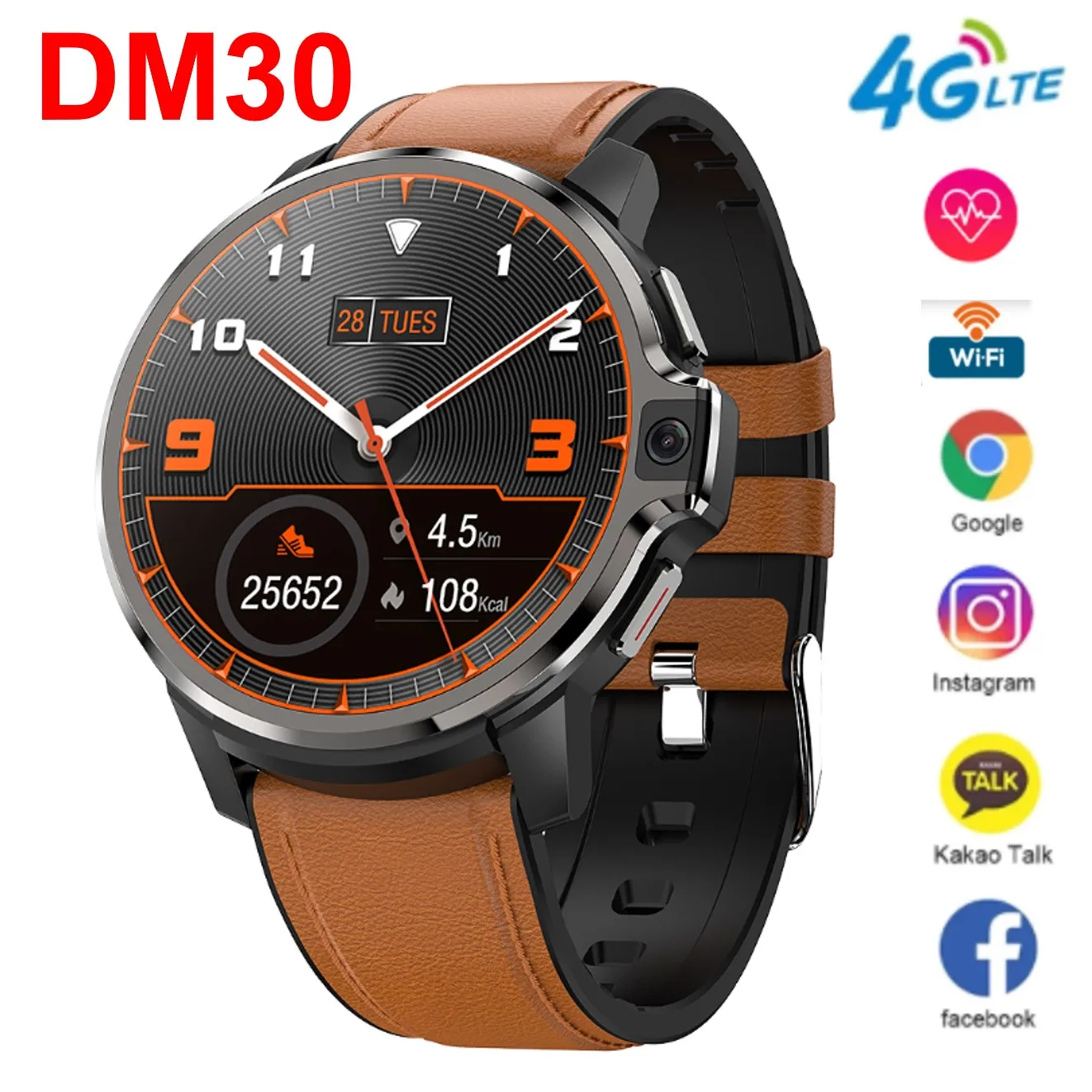 DM30 4G LTE Smart Watch Android 9.1 OS 4GB 64GB 1.6'' IPS Round Screen 5MP Camera GPS WIFI Face Recognition Men Smartwatch Clock