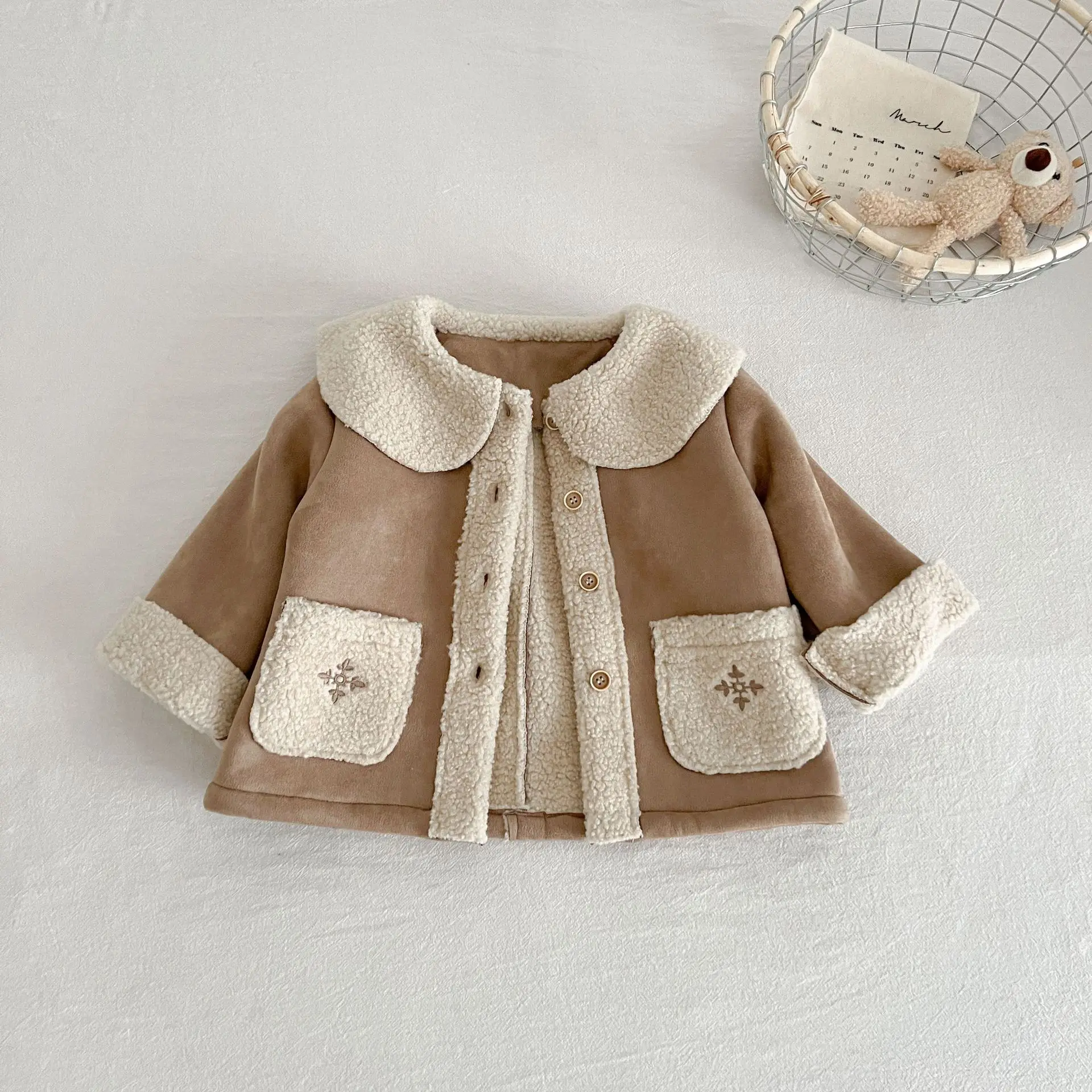 456  Winter New Girls Faux Suede Coat with Floral Embroidery Fleece-Lined Warm Jacket for Baby Toddler Kids 1 2 3 4 5 6 7 Years