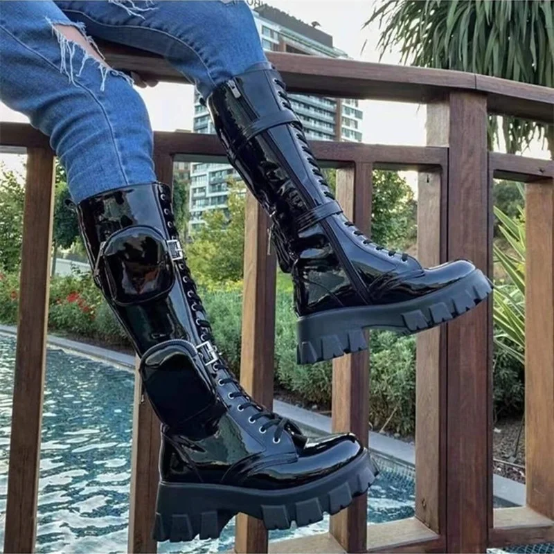 2022 nowych kobiet skórzane buty motocyklowe z grubą podeszwą Casual buty damskie modne sznurowane buty rycerskie platforma kamuflażowa Botas