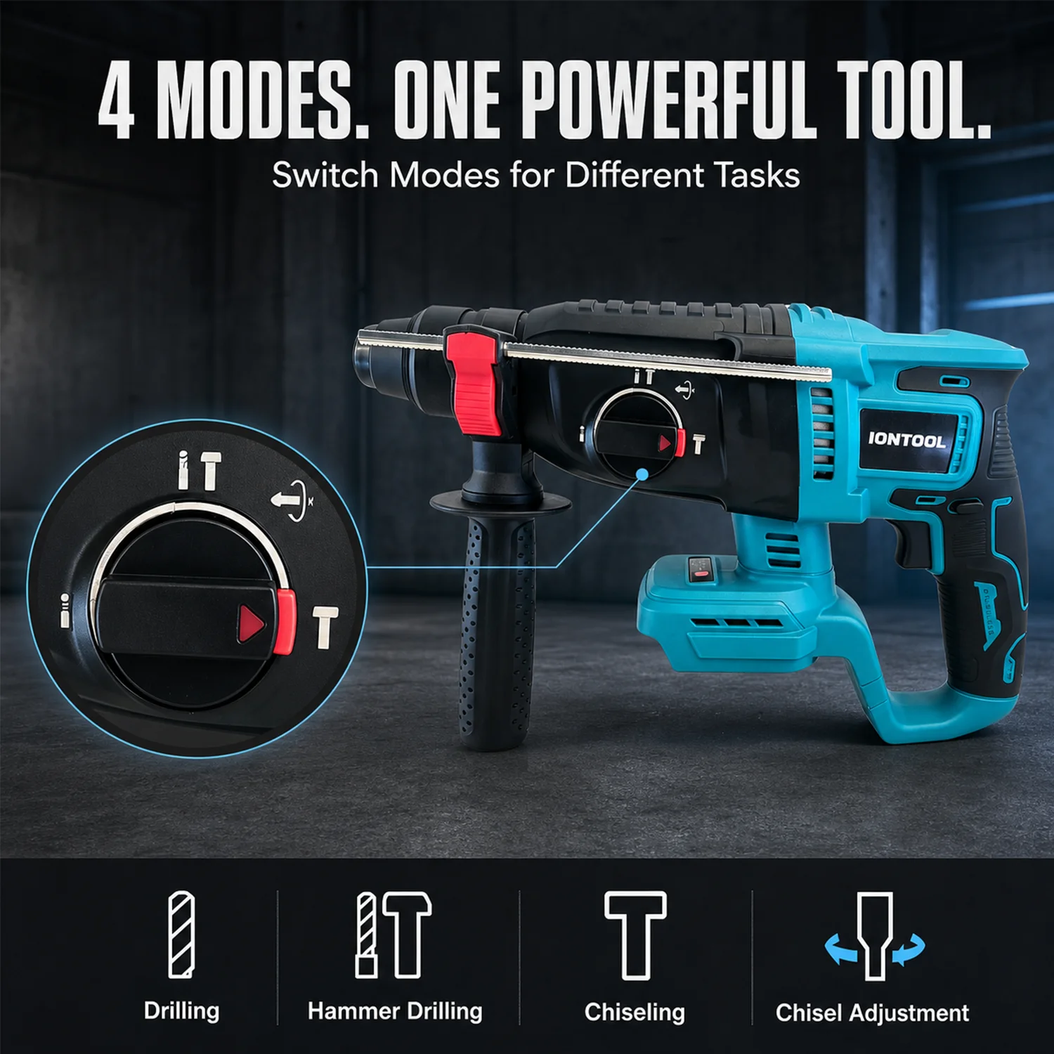 IONTOOL Cordless Rotary Hammer 26mm 1800RPM 4550BPM Home Drilling Tool Bare Tool Fits Makita 18V Batteries
