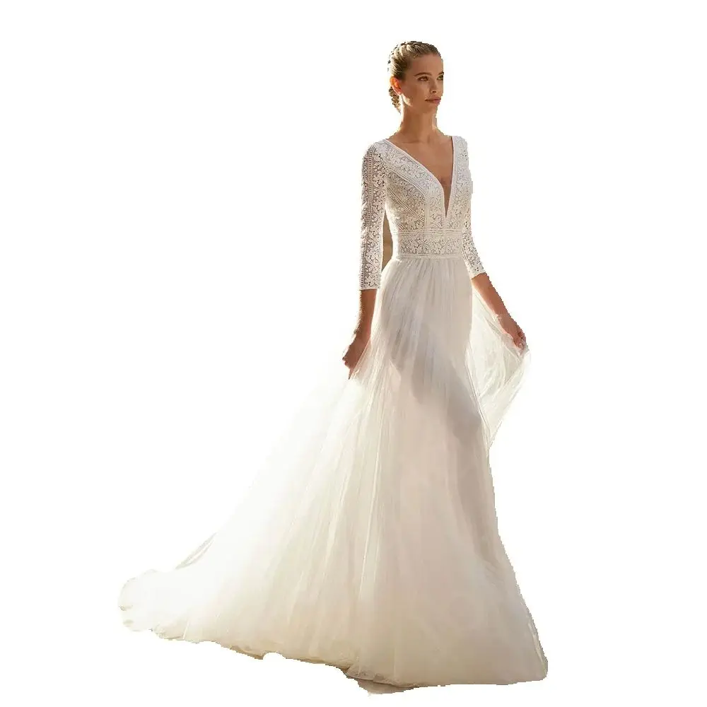 مخصص للبيع فساتين الزفاف الكلاسيكية الدانتيل 2025 زي العرائس الخامس الرقبة فساتين العروس 3/4 الأكمام فساتين الزفاف الصيف