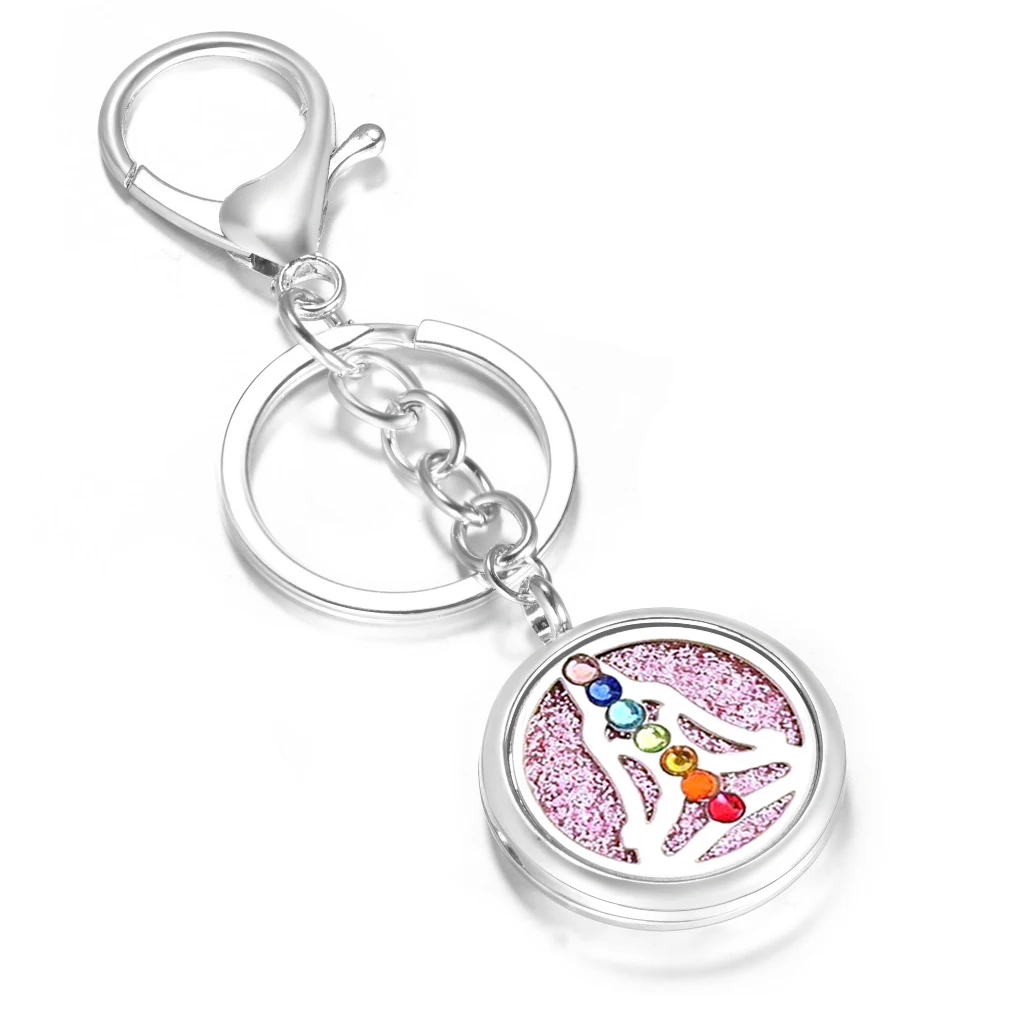 Seven Colorful Inlaid Zircon Yoga Key Pendant Aromatherapy Stainless Steel Essential Oil Diffuser Perfume Locket KeyChain Gift