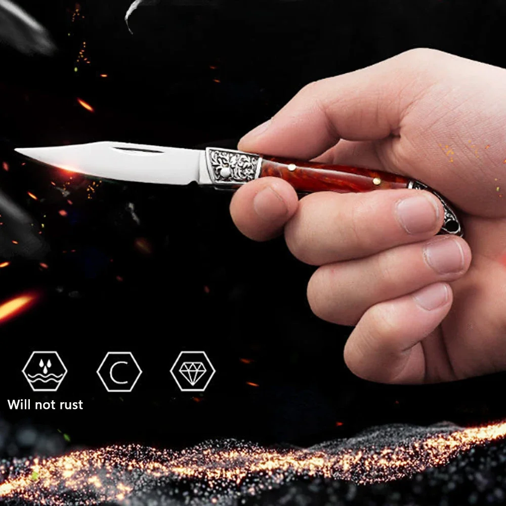 Stainless Steel Carving Pattern Folding Knife Outdoor Camping Tactical Hunting Knife Portable Pocket Blade Sharp and Durable