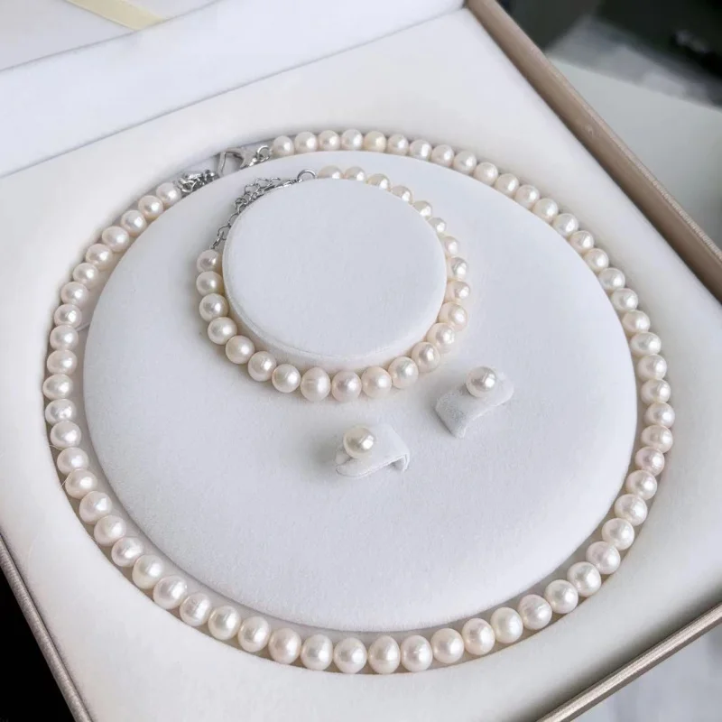 -8Mm Near Round Slightly Flawed Natural Freshwater Pearl Necklace Choker Women'S Earrings Bracelet