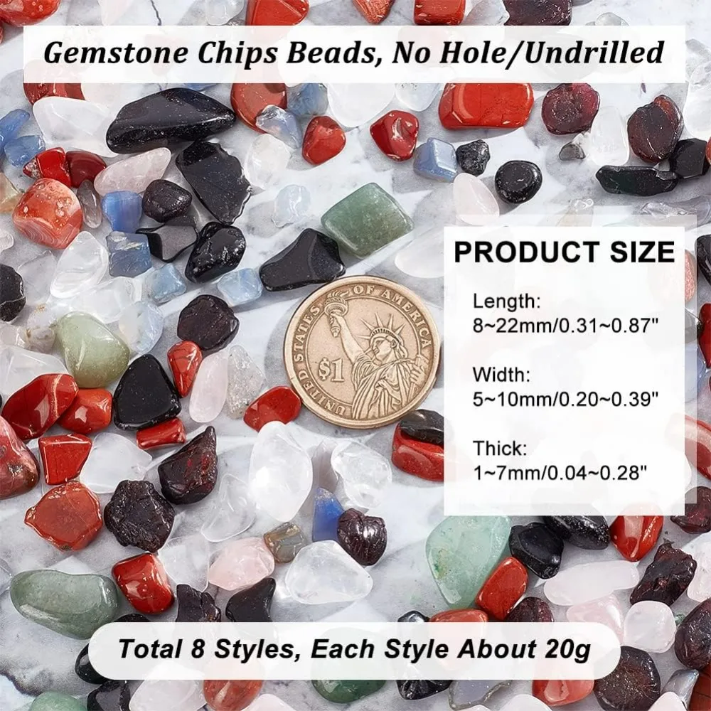 About 158g 8 Styles Natural Chip Gemstone Beads, 8~22mm No Hole Crystals Polishing Crushed Beads Irregular Shaped Loose Stone