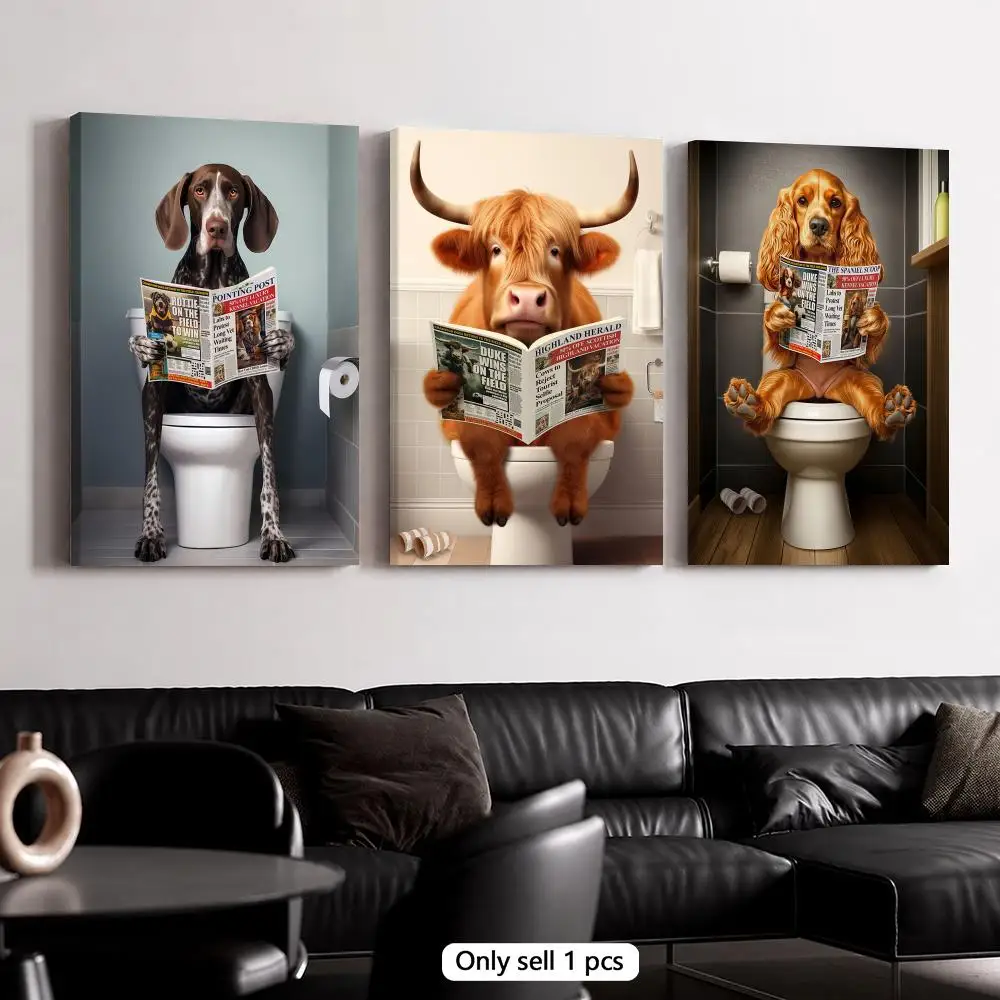 Cats Dogs Animal on the Toilet Framed Wall Painting Canvas Art Poster Solid Wood Frame for Room Living Home Decor