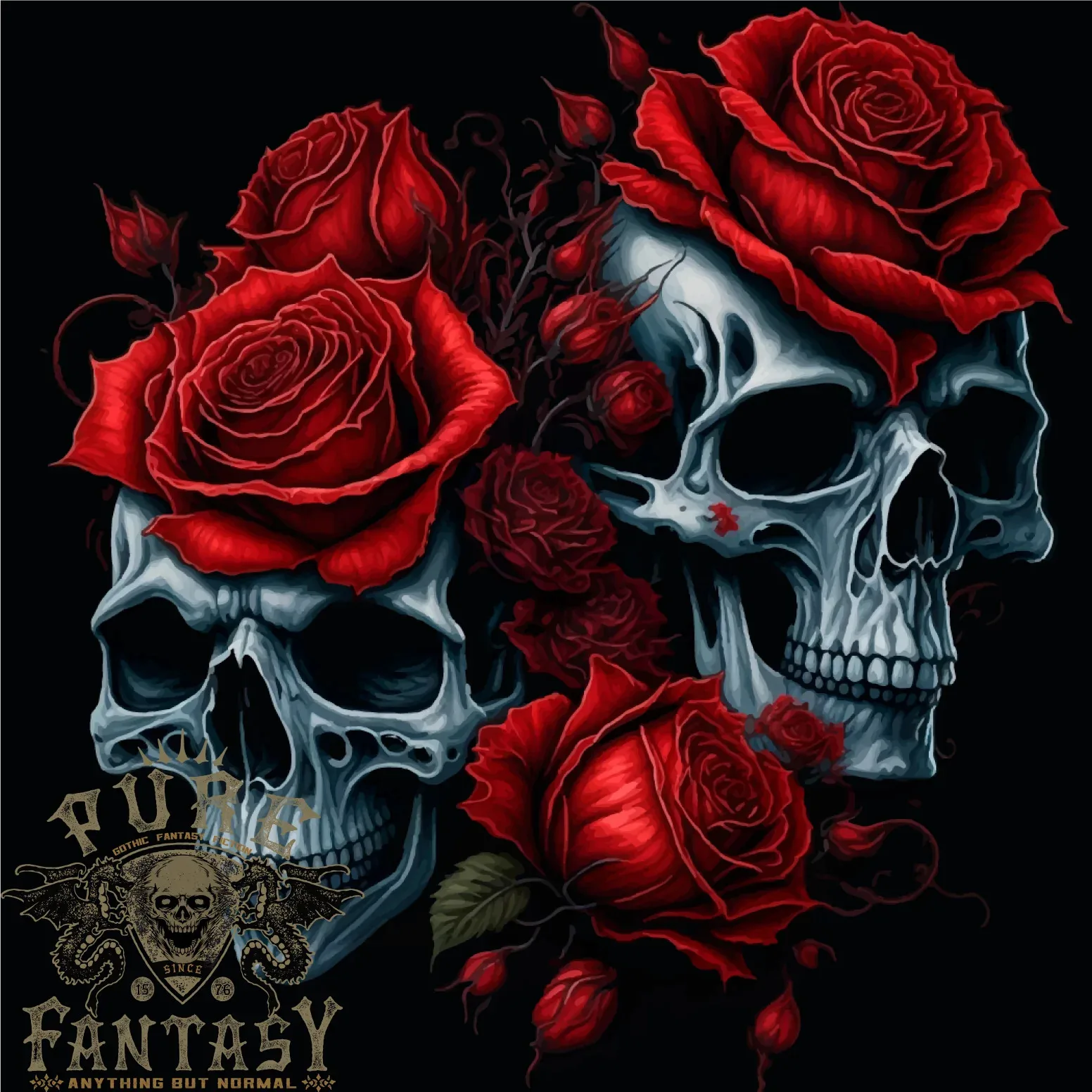 

Two Skulls With Roses Gothic Goth Mens T-Shirt 100% Cotton