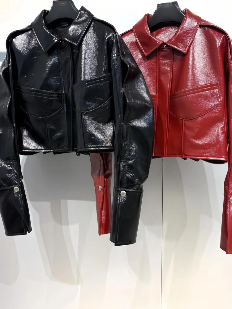 سترة عالية الجودة من الجلد الطبيعي بسحاب وأكمام طويلة من جلد الغنم فضفاضة بلون سادة ملابس خارجية نسائية عالية الجودة #4