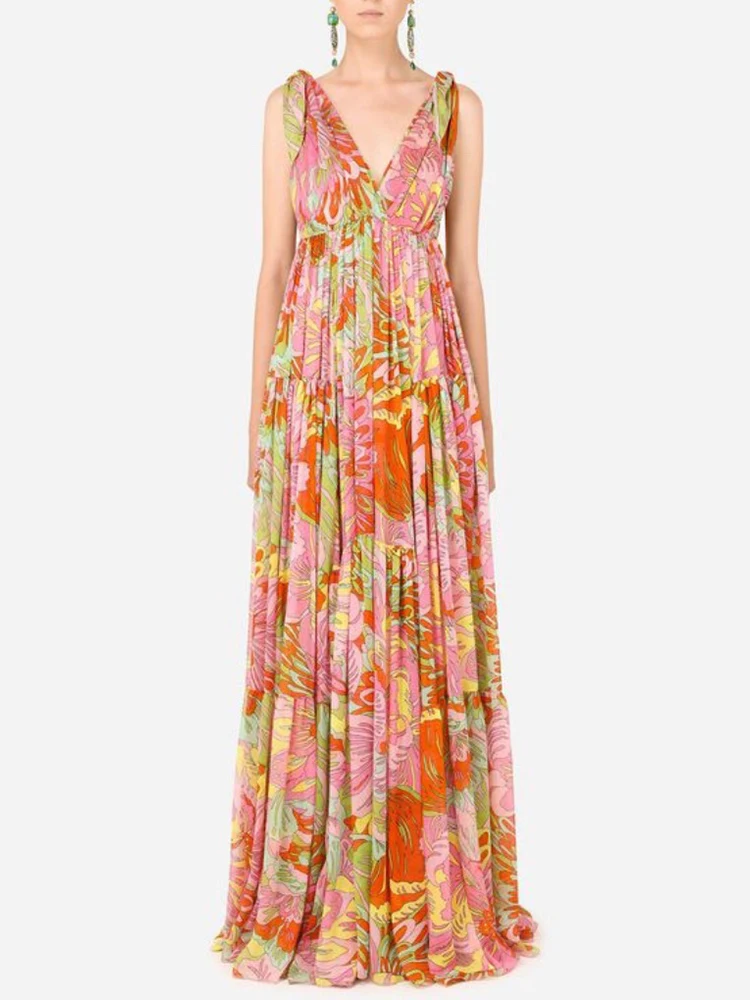 

Delocah High Quality Summer Women Fashion Runway Beach Holiday Party Long Dress Sexy V-Neck Bow High Waist Print Loose Dresses