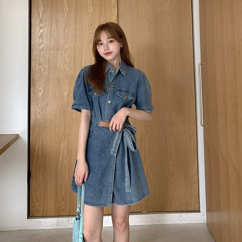 Blue Denim Dress Women's Summer Shrinking Slim Waist Lace Up A-line Dress French Fashion Covering Belly Short Vestidos