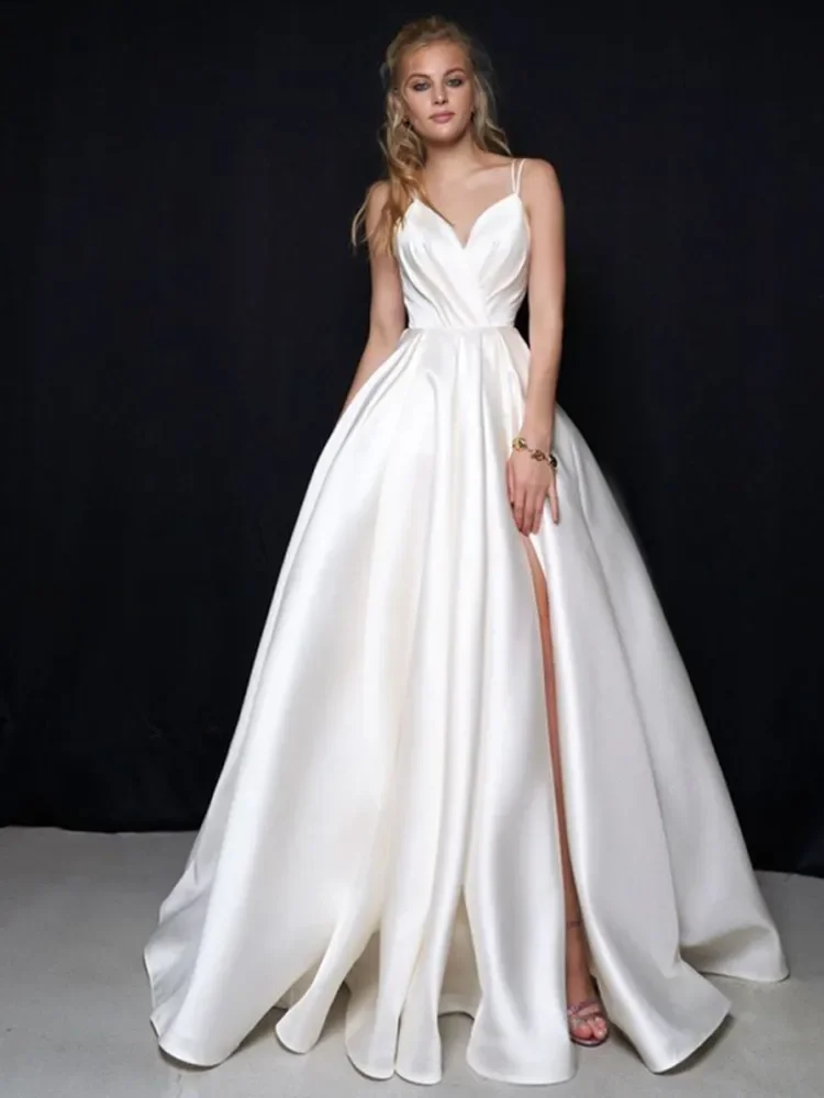 

Fashion classic A-line wedding dress 2024V neckline Italian straps sexy side slit backless women's beach custom bridal dress