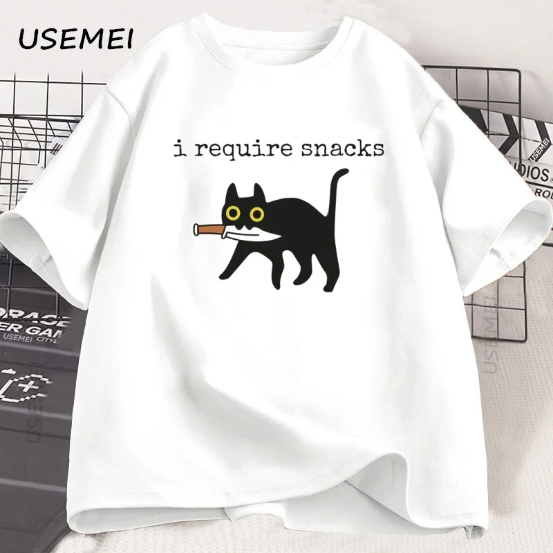 

I Require Snacks T-Shirt Men Funny Black Cat Tshirt Cat Mom Cotton Short Sleeve Round Neck Tees Streetwear Man Clothes Tops