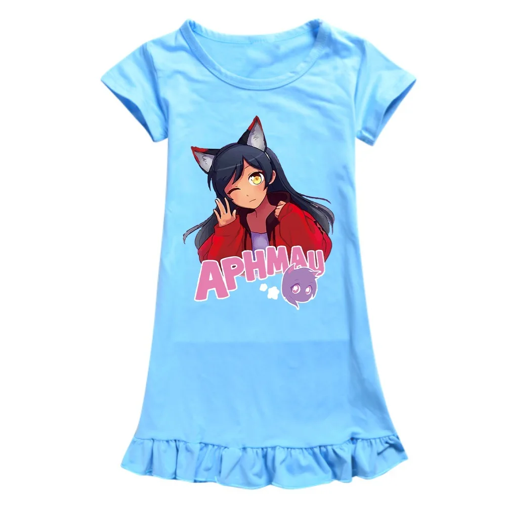 Anime Aphmau Clothes Baby Girls Summer Dress Kids Cartoon Nightwear Children Short Sleeve Casual Dresses Toddler Girl Sleepdress