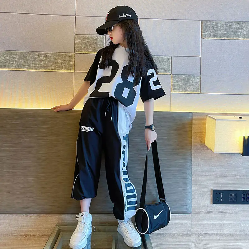 Girls Summer New Fashion Sports Cotton T-shirts+Pants Suits 5-14 Years Girls Hiphop Oufits Tops Sets Kids Clothing