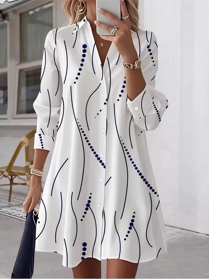 

Fashion Lapel Long Sleeve Shirts Dress Elegant Printed Pleated Women's Midi Dress Temperament High Waist Single Breasted Dresses