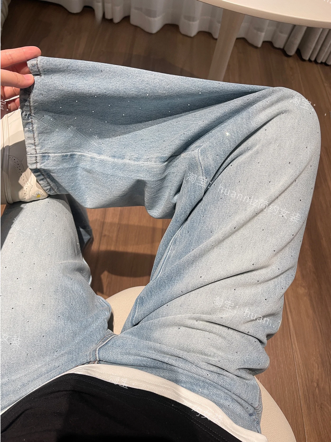 

Женские джинсовые брюки из льна с стразами, с высокой талией, широкими штанинами, прямого кроя, весенние, новые, винтажные, хлопковые брюки