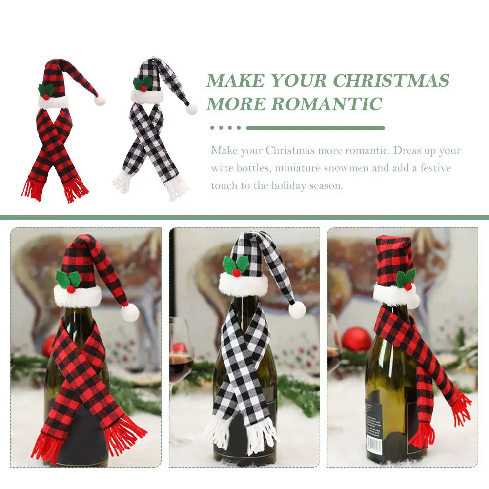 2Sets Christmas Bottle Decor Wine Bottle Scarf Hat Set Knitted Xmas Ornament Dustproof Cover for Holiday Dinner Romantic Festive