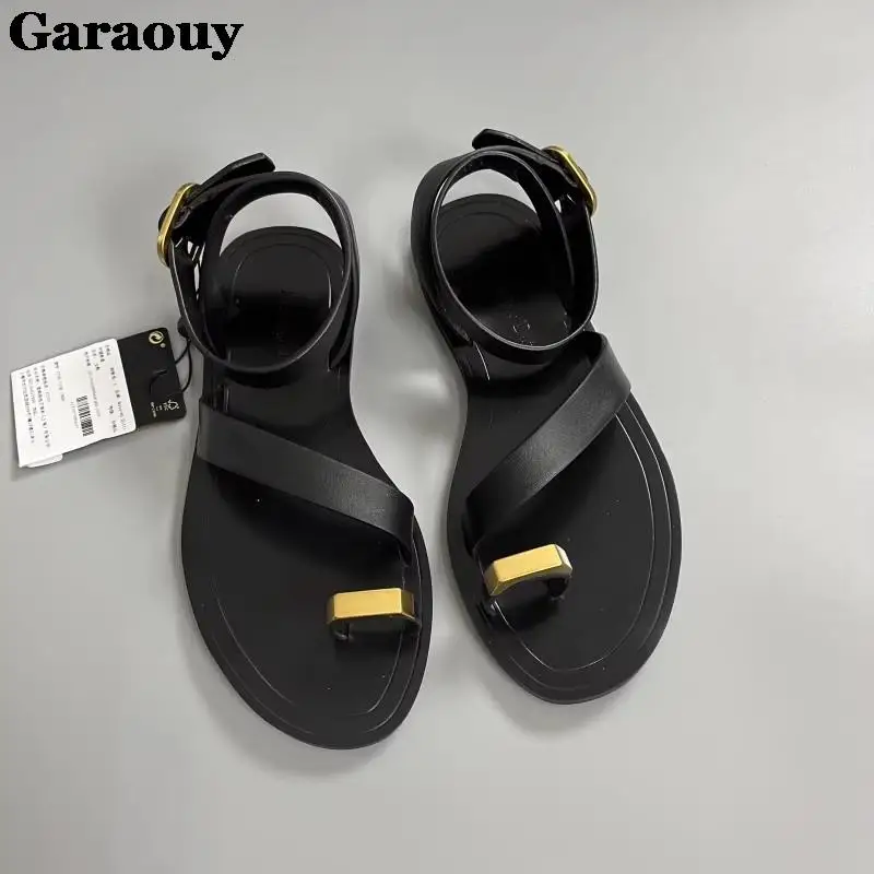 Garaouy Summer Genuine Leather Exposed Toe Ankle Strap Sandals For Women Metal Decoration Beach Flat Shoes Female Simple Casual