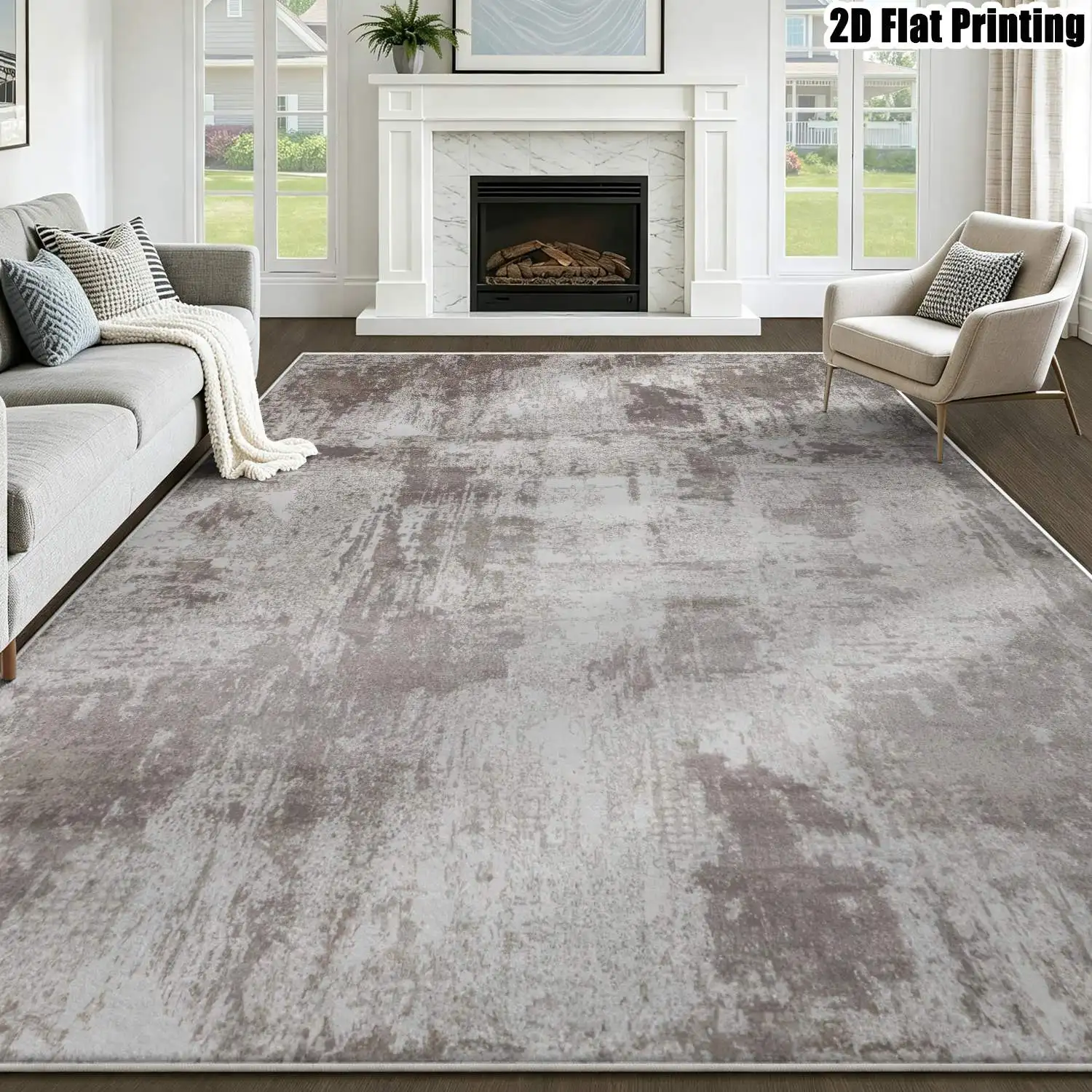 1Pc 2D Printed Velvet Gray-White Abstract Art Nordic/Instagram Style Carpet, Machine Washable, Multi-Size, for Entrance/Dining/Bedroom/Living Room Home Decor