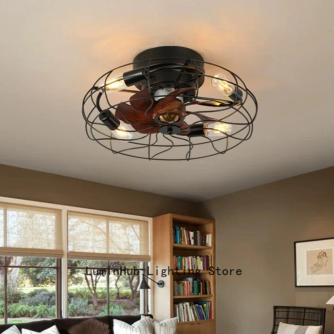 Integrated Iron Art Bedroom Flush Mount Ceiling Fan Light for Home Dining, Creative Vintage Living Study Electric Fan Lamp
