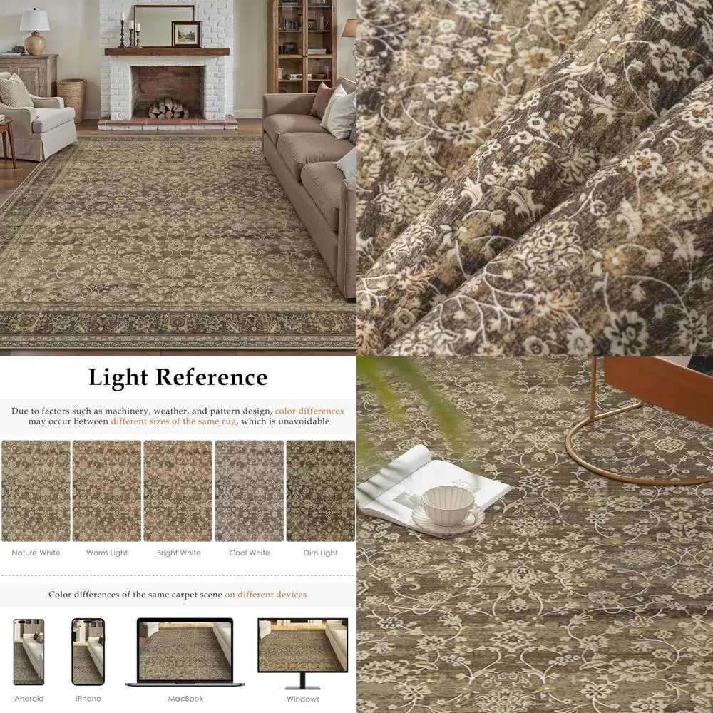 

Коврик 8x10, коричневый, машинная стирка, ковер для гостиной, винтажный цветочный ковер для спальни, столовой, в помещении, большой, нескользящий, с низким ворсом, тонкий S