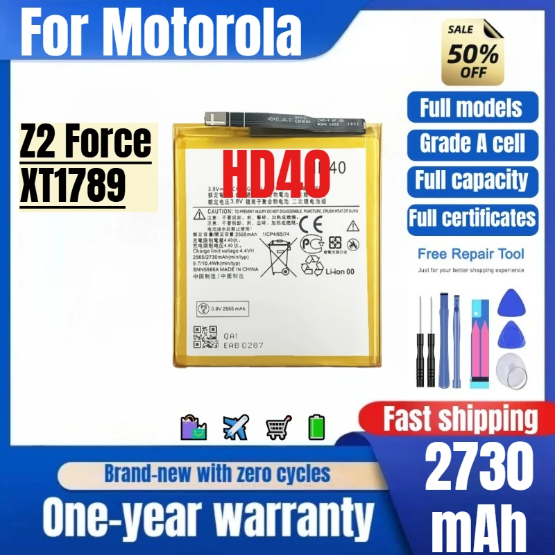 Batería HD40 para Motorola Z2 Force/XT1789, 0 Ciclos, Alta Calidad, Alta Capacidad, Repuesto de Batería Grado A con Herramientas