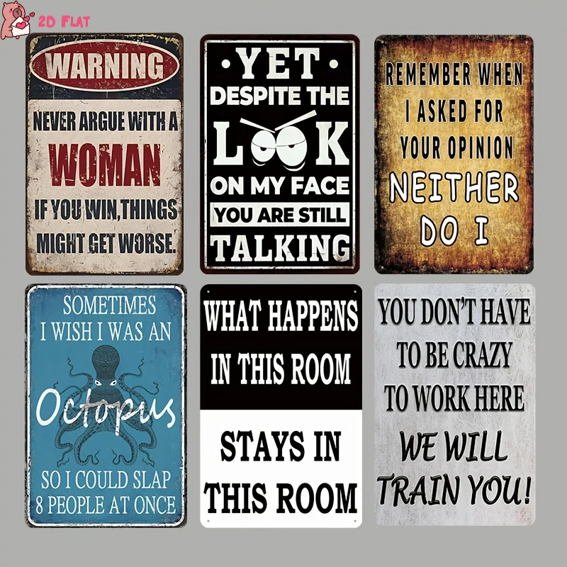 2D Flat, A Set of 6 Vintage-style 2D Wooden Signs with Humorous Quotes - 5x8 Inches, Rustic Decor, Suitable for Man Caves, Home