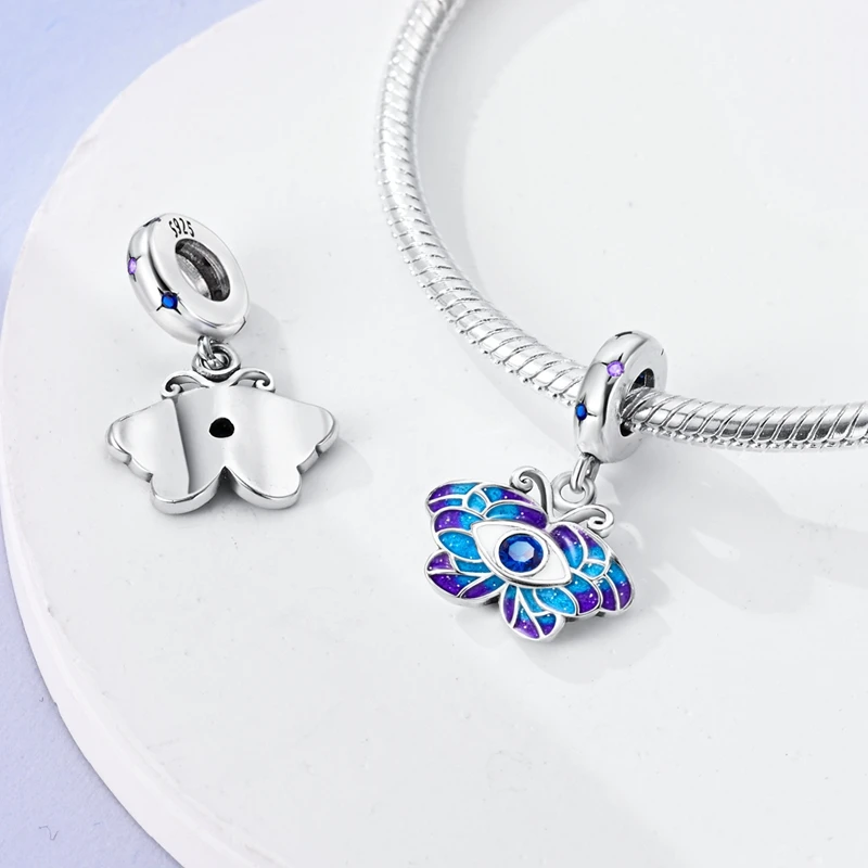 925 Sterling Silver Mysterious Blue Butterfly Devil\'s Eye Fatima\'s Hand Pendants Charms Beads Fit Qikaola Bracelets DIY Jewelry