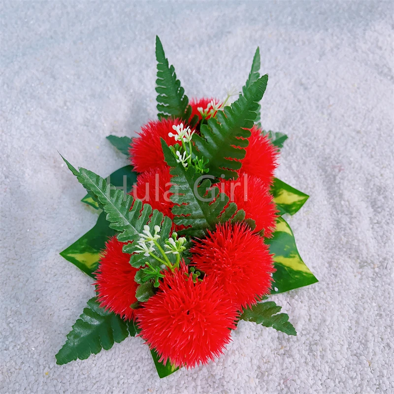 Classic Hawaiian Red Lehua & Leaf Hair Clips for Women Tropical Flower Headware Party Decorations Hula Dance Hair Accessories