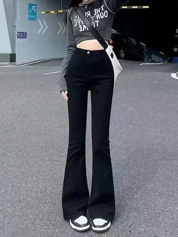 

High Waist Flared Jeans Women's Black Vibe Style Slimming Pants Autumn Fashion Casual Wear Resistant Zipper Closure Jeans
