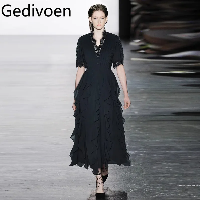 

Gedivoen Fashion Short Sleeved Lace Trimmed Waist Cinched RuffleStyle Design Dress 2025 Summer New