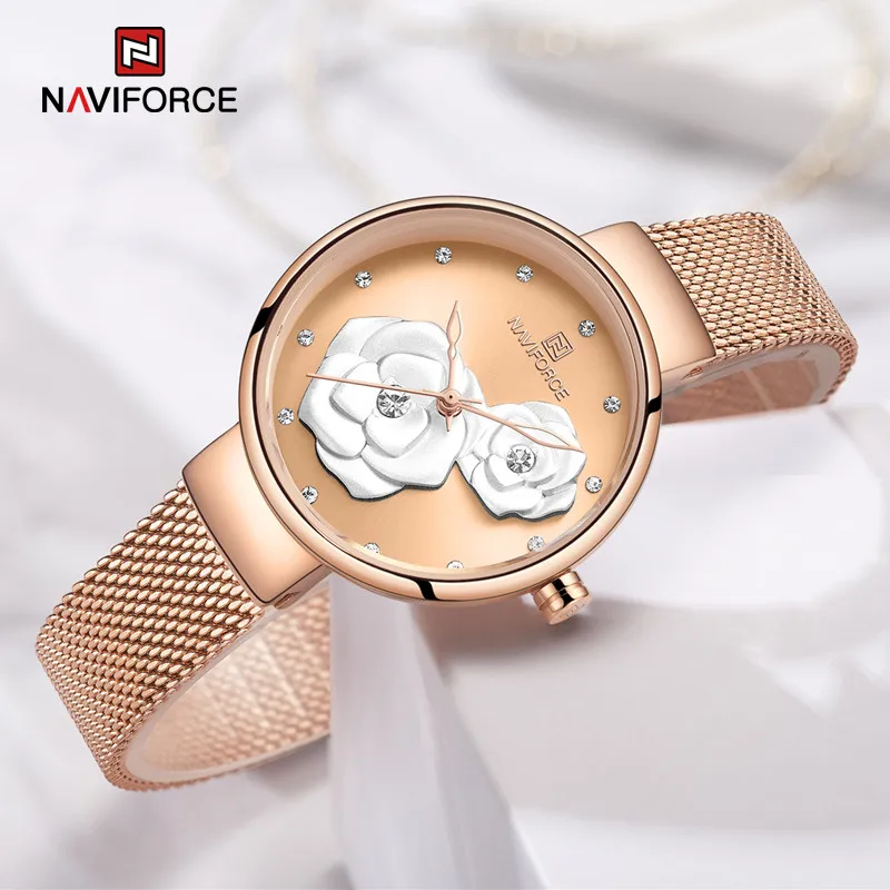 

2022 NAVIFORCE Brand Rose Gold Casual Quartz Watches Women Mesh Stainless Steel Strap Dress Female Ladies Clock Relogio Feminino