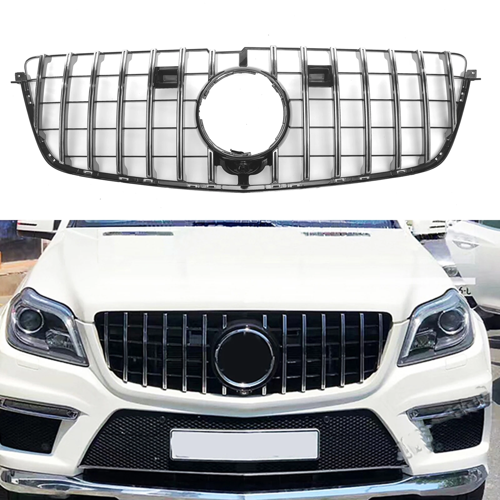 

Front Grille For Mercedes-Benz GL Class X166 2013-2015 Sport GL500 GL550 GL63 GT Style Silver/Black Upper Bumper Hood Mesh Grill