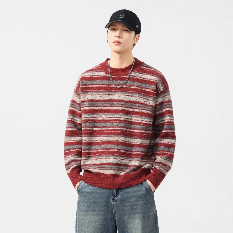

Autumn Winter Knitted Sweater Men Vintage Stripe Casual Loose Pullover Christmas Sweater Man Streetwear Knitwear Jumpers Tops