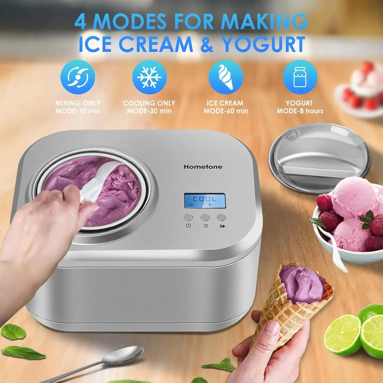 Ice Cream Maker 1 Quart, No pre-Freezing Automatic Ice Cream Yogurt Machine with Built-in Compressor and LCD Timer for Making Ic