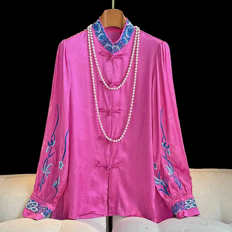 High Quality Rose Red New Chinese Style Rayon Jacquard+Embroidered Standing Collar Women's Long Sleeved Shirt S-XXL